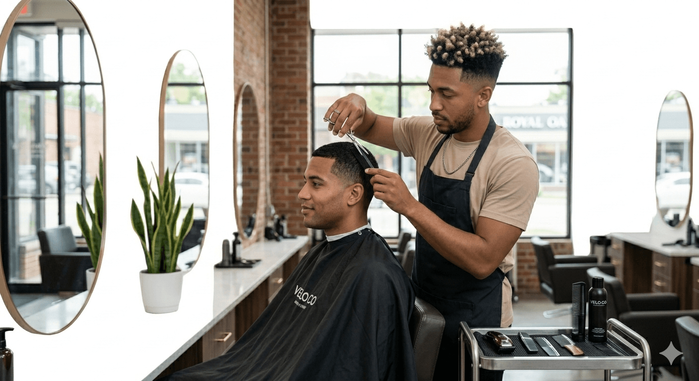 Men's grooming at Velo Co. — precision cut with detailed beard sculpting
